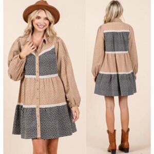 LOVELO Embroidered Color Block Collared Dress NWT in Black & Tan Small